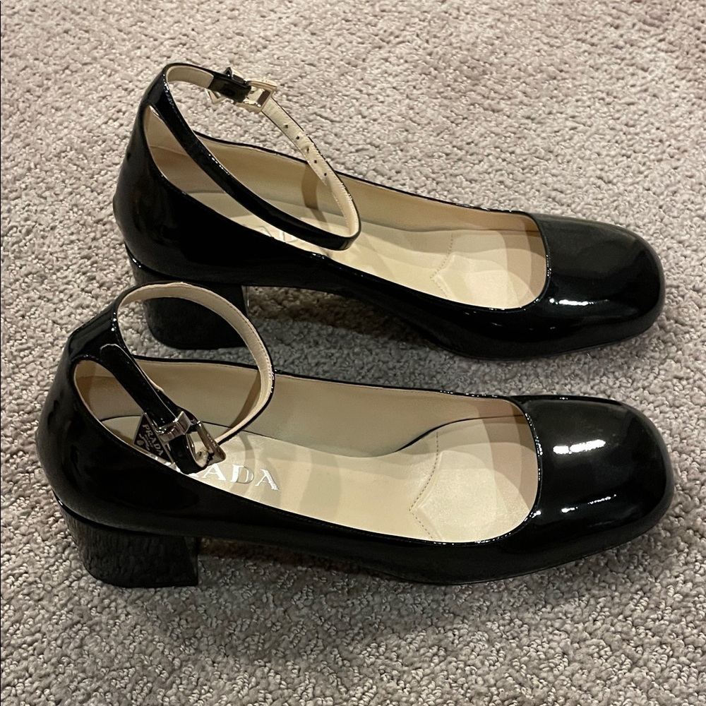 Prada Black Patent Leather Heels with Ankle Strap